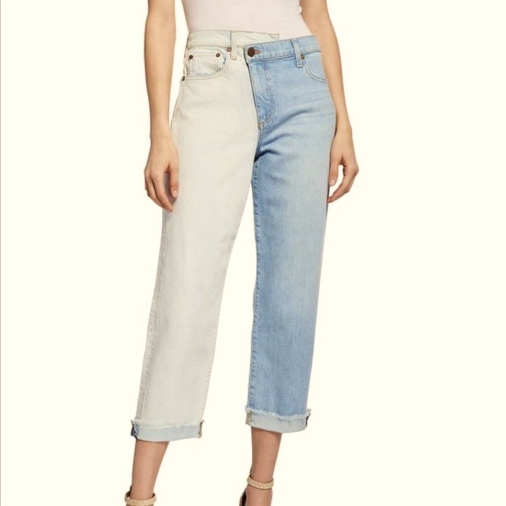 Alice + Olivia AO.LA Amazing Two Tone Slim Straight Asymmetrical Denim Jeans